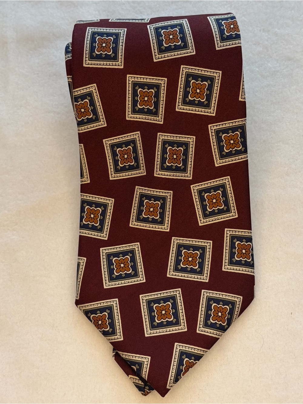 Vintage Christian Dior Monsieur Luxury Silk Necktie Burgundy Geometric Medallion